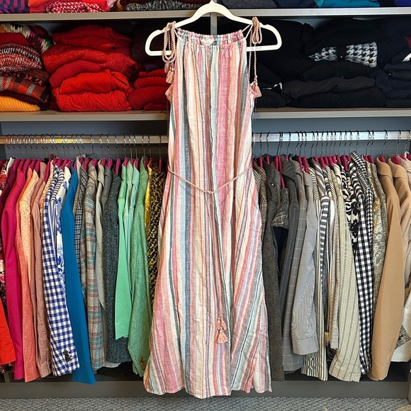 Time and Tru linen blend pink/green striped sleeveless belted midi dress XS NWT - Picture 1 of 3